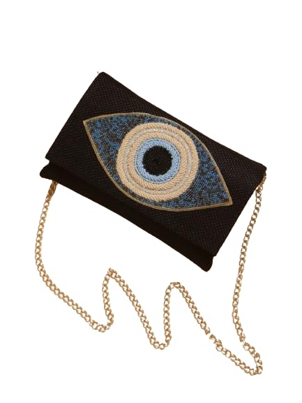 Evil Eye Jute Dafnem Clutch Bag Beach Bag Zipper Gift Bag with Crystals and Tassels.