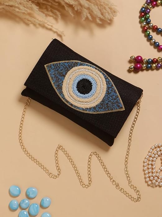 Evil Eye Jute Dafnem Clutch Bag Beach Bag Zipper Gift Bag with Crystals and Tassels.