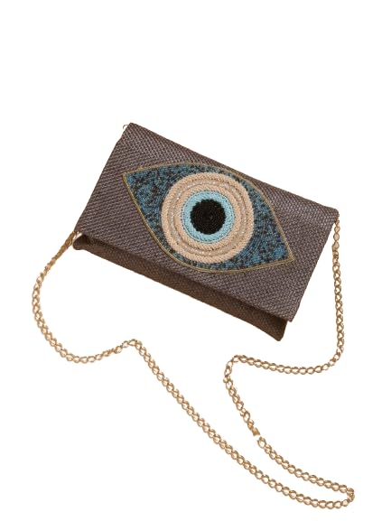 Evil Eye Jute Dafnem Clutch Bag Beach Bag Zipper Gift Bag with Crystals and Tassels.