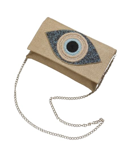 Evil Eye Jute Dafnem Clutch Bag Beach Bag Zipper Gift Bag with Crystals and Tassels.