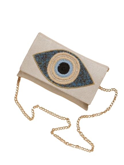 Evil Eye Jute Dafnem Clutch Bag Beach Bag Zipper Gift Bag with Crystals and Tassels.